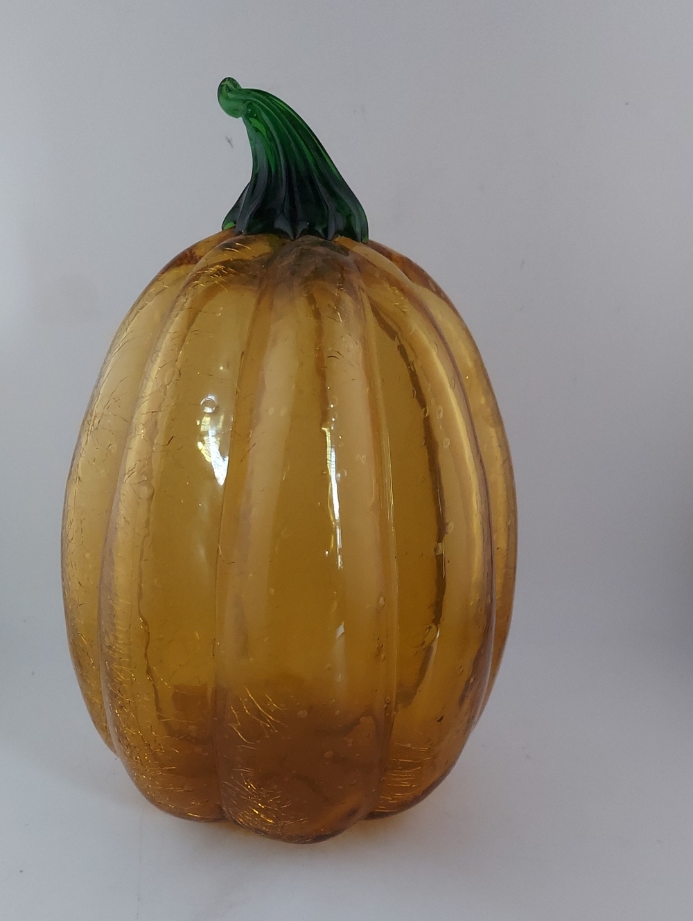 Yellow Crackle Glass Pumpkin Accent with Green Stem